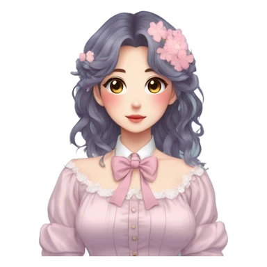 Gorgeous pastel anime style lady with blushing face and flowers and laces and bow ties and pretty hair aesthetic trending style sticker
