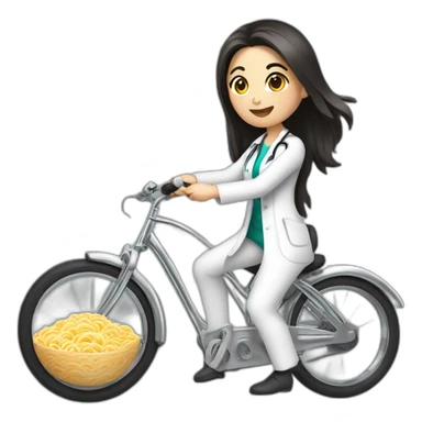 long and dark hair female doctor riding a chrome bicycle with a ramen bowl in her hand sticker