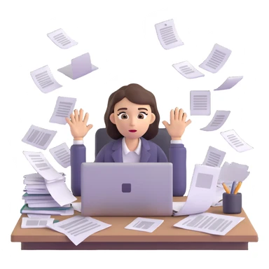 tired woman at a desk with a MacBook, surrounded by messy papers, emphasizing disorganization sticker