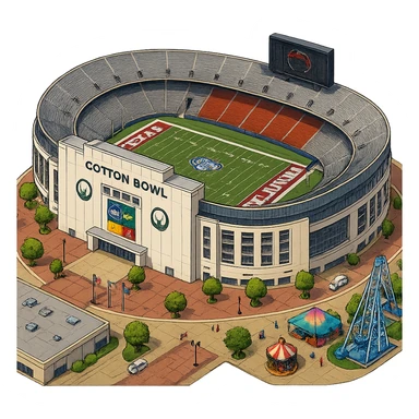 Изометричная, яркая, детализированная и фотореалистичная иллюстрация стадиона Cotton Bowl в стиле 3D-коллажей городов, насыщенные цвета, аккуратные и чёткие линии, мультяшно-реалистичная стилистика. Чёткие контуры, не размазанные линии, высокое качество, прозрачный фон, не обрезать края стадиона. sticker