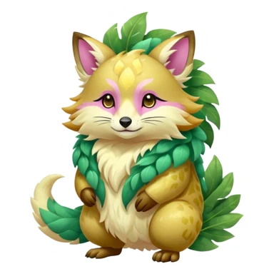 Colorful brown with rose pink, yellow-beige-cream, jade-green tropical exotic shiny beautiful fantasy-Vernid-Cacomistle-animal-Fakémon-hybrid-fursona (full body) sticker