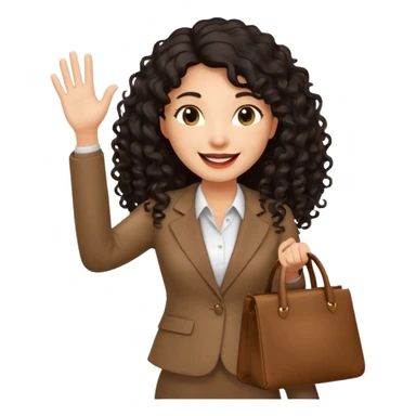 medium deep tan brown business woman with long black curly hair, waving hand with happy face with smile mouth and carrying bag on her shoulder sticker