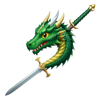 green dragon head with sharp features, medieval sword with ornate hilt and wide blade above, simple clear, transparent background sticker