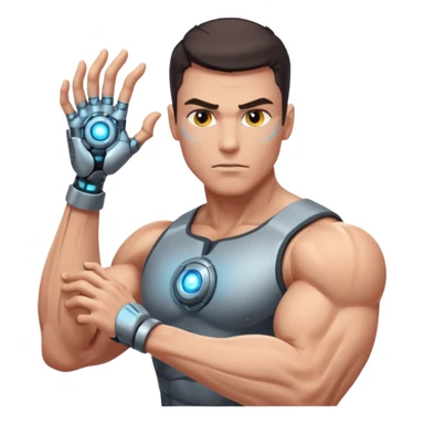 a muscular man with cybernetic arm and glowing eye sticker