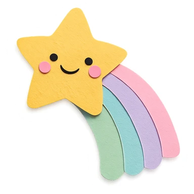 kawaii bright shooting star, rainbow trail, soft pastel colors, no limbs, full body, paper craft style sticker
