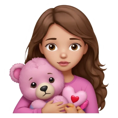girl with long wavy brown hair, brown eyes, light to medium complexion, in a pink shirt, pink lips, long lashes, sad, hugging squeezing  a teddy bear with hearts sticker