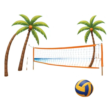 A volleyball resting on the orange sand ground of a beach, with a volleyball net in the background. The scene captures a sunny beach atmosphere with clear blue sea and sky, palm trees swaying, and people in swimsuits enjoying the vibrant surroundings sticker