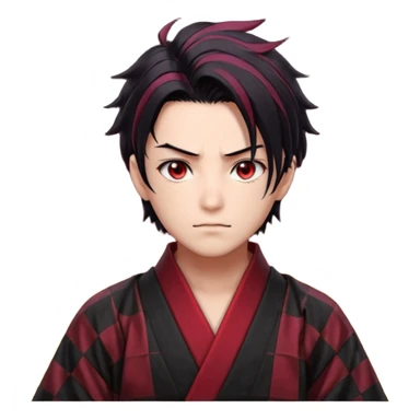 “Tanjiro Kamado, burgundy eyes, black hair with red tips, ember-textured scar, checkered haori, ultra-detailed anime realism, sharp strands, glowing highlights, 8k cinematic look.” sticker