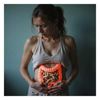 hyperrealistic 4K image of a visibly debilitated woman with intestinal parasitosis, holding her belly with hands, tired and suffering face, medical environment, translucent anatomical illustration with intestine infested by worms sticker