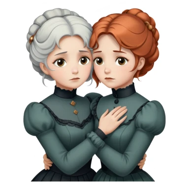 Two Victorian women in a sad intimate hug, one with white coiffed hair and one with copper coiffed hair, both with grey eyes, wearing Victorian turtleneck dresses sticker
