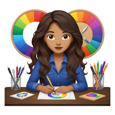 female dark wavy long hair graphic designer , color wheel, pens, papers , desktop sticker