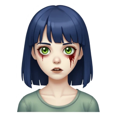 garota zombie, cabelos azuis escuros e lisos médio com uma franja na testa, olhos verdes acastanhados sticker