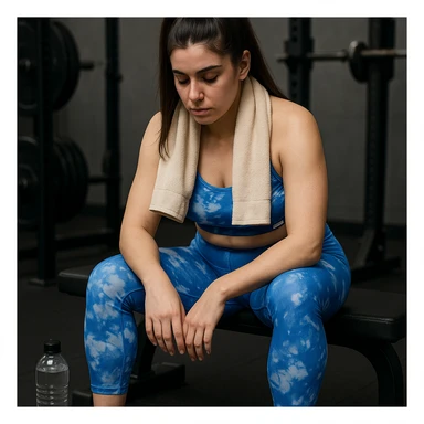A slender woman in 4K, sitting on a bench in the gym, towel over her shoulders, head bowed and eyes closed, face marked by fatigue, with a water bottle nearby, inspired by the reference photo. sticker