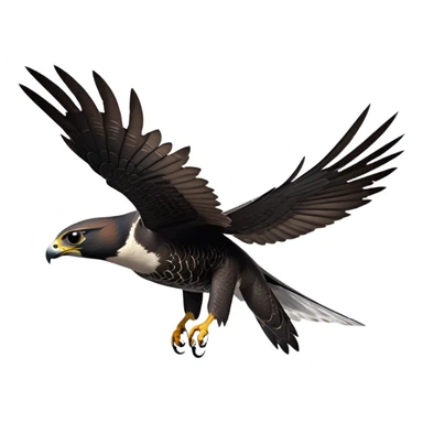 cinematic-peragrin falcon-realistic-full-body-diving-emoji,-sleek-aerodynamic-frame-plummeting-through-the-air-with-lightning-speed,-razor-sharp-talons-poised-for-the-strike,-feathered-wings-angled-for-maximum-precision,-keen-dark-eyes-locked-onto-its prey, white underside with black dotted feathers sticker