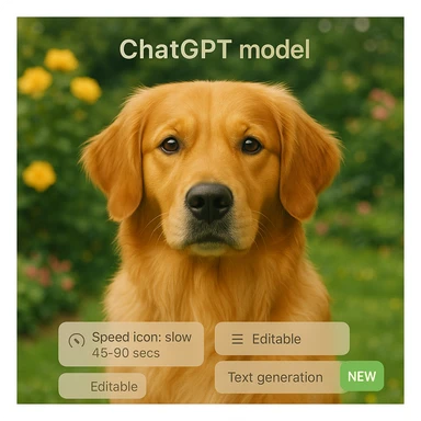 Move the 'ChatGPT model' title to the top and the other tags ('Speed icon: slow 45-90 secs', 'Editable', 'Text generation', 'New') to the bottom. Set the background as a golden retriever in a garden, seamless website style. sticker