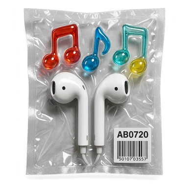 pair of white EarPods with three floating transparent glass music notes in primary colors, glossy and inflated, vacuum-sealed style sticker