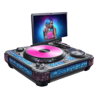 Realistic DJ turntable setup with pink,blue,and purple sparkling diamonds and rhinestones on it. sticker