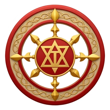 a circular casting sigil inspired by the wizard101 balance school using base color sand and trim color red. A golden scale in the middle as a focus  sticker