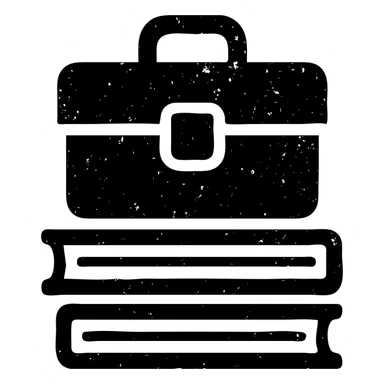 minimalist gray solid icon representing Resources with books, toolbox, or stack of files, worn and distressed effect sticker
