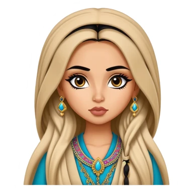 Afghan nose, pretty lips, afghan clothes, medium skin,  long hair, pretty bratz baddie, black eyeliner sticker