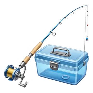 A fishing rod with reel and line neatly coiled beside a bait box. sticker