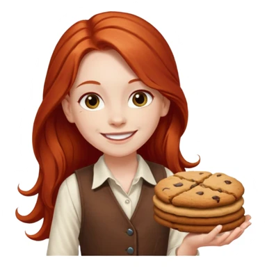 white girl scout with red long hair selling cookies with a brown vest and white shirt under vest. She should be around 10 years old sticker