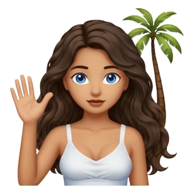 Girl with olive skin, blue eyes, brown dark insanely wavy long hair, white camisole, palm up sticker