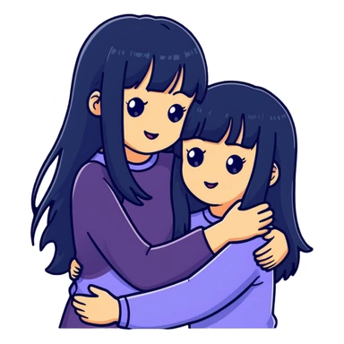 two white girls with long black hair hugging each other, one with bangs sticker