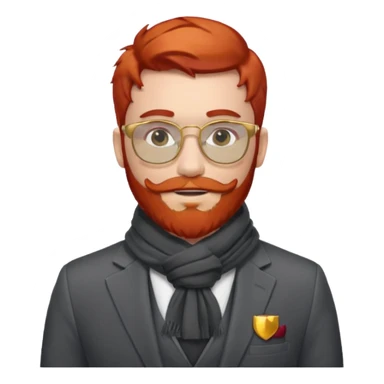 gray scarf, male,  beard, red hair, with suit, gold glasses sticker