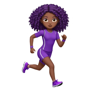 Uma boneca morena escura com olhos castanhos e cabelo cacheado longo até o peito, treinando correndo a roupa roxa com detalhes preto sticker