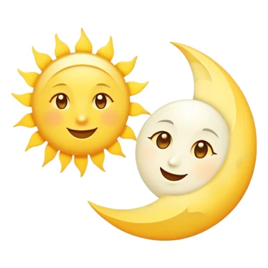a really bright  big sun and a small moon who shines because of it. the sun is bigger and the tiny \moon bright too beside it smiling looking at each other sticker
