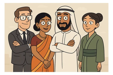 A culturally diverse team of professionals, each wearing attire representing different global cultures, standing together, modern illustration style sticker
