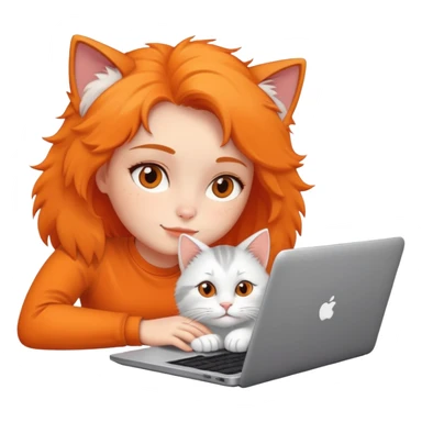 A girl is working on a laptop with a cat lying next to it sticker