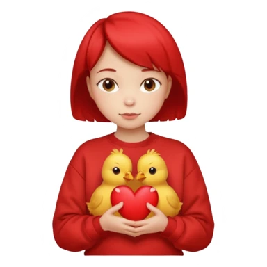 una niña con el pelo corto, con la sudadera de forma de pollito sujetando un corazón sticker