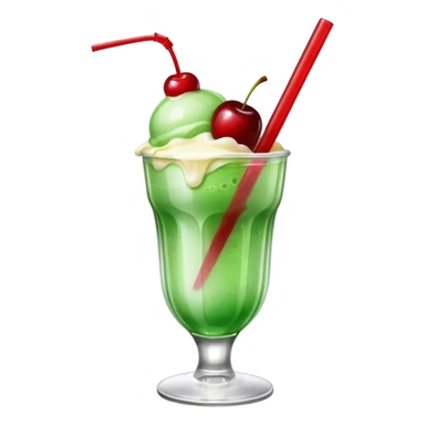 Create an emoji with a clear rounded glass, bright transparent green soda with fine bubbles, a smooth vanilla scoop, a glossy red cherry, and a black straw, using vibrant colors, soft shading, and clear glass highlights.
 sticker