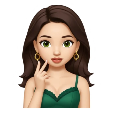 pretty bratz genmoji that looks like tamannah bhatia (bollywood actress), wearing a dark green sweetheart neckline top, dark brown hair, light makeup, no necklace, dangly earrings, side hair part, fair. dark brown eyes


Show her licking her finger  sticker