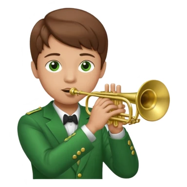 young boy with brown hair, green eyes who plays a trumpet sticker