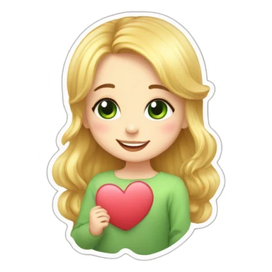 holding a heart in her hands, drawing of a little blonde girl with green eyes, smiling sweetly, sticker for telegram, cutie, cute illustration, with hyperdetals, cute art sticker