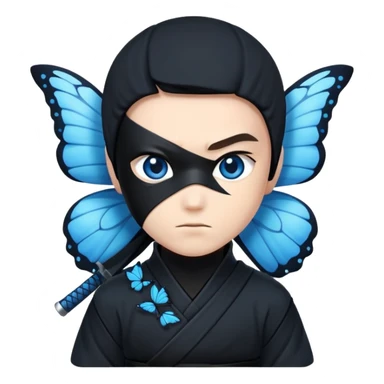 Crea un emoji para usar en WhatsApp con estos dos emoji 🥷🏻 🦋.
Ninja vestido de negro con la piel blanca y una mariposa azul posada en su hombro izquierdo como si la mar6 estuviera volando en su hombro. sticker
