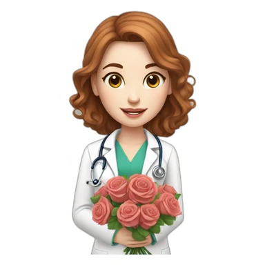 Pale skin doctor girl, chestnut hair, with a bouquet of roses sticker