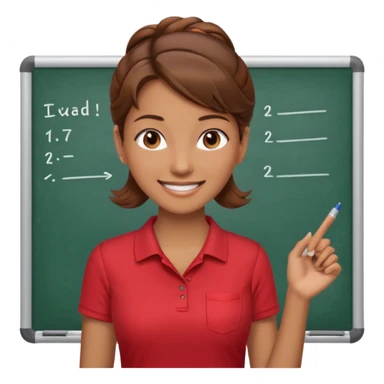 Happy instructor female brown hair whit board hair up red shirt sticker