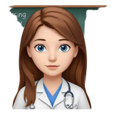 university classroom that says nursing school on the blackboard with a pretty female nursing student with long brown hair, blue eyes sticker