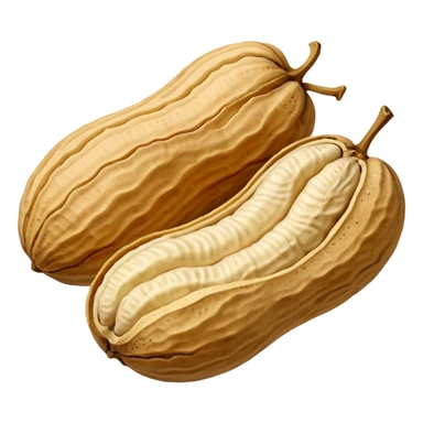 whole peanuts two to three in rough beige shells textured with natural ridges, irregular oval shapes, one shell slightly open showing pale nuts inside, apple emoji style, soft lighting, transparent background, emoji scale sticker