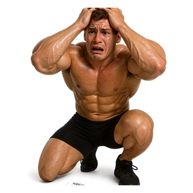 realistic muscular but disproportionate young man, shiny and marked skin, syringe fallen on floor, desperate expression, crumpled dosage chart, atmosphere of failure, isolated on white background, 4K quality sticker