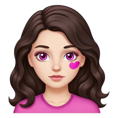 A white girl with long dark brown wavy hair and two pink cosmetic patches under her eyes sticker