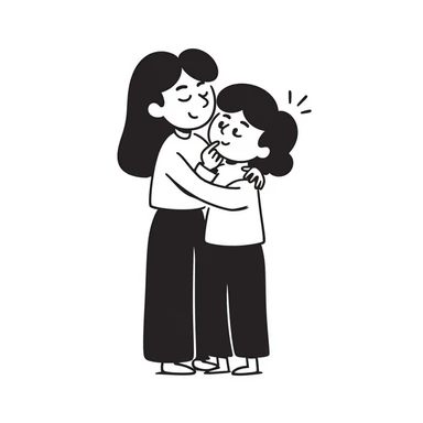 A person hugging another person with a mysterious smile and a finger to their lips sticker