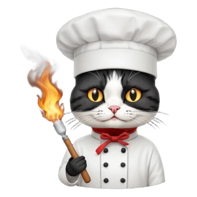extra black chef cat wearing a tall white chef hat, burning hat sticker
