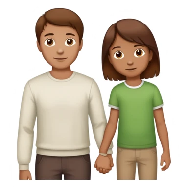 A man with brown hair holding a child's hand, the child has reddish brown hair sticker