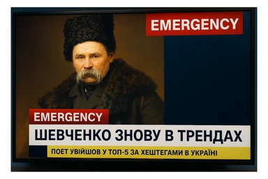 A realistic screenshot of a television news broadcast with an emergency report about Ukrainian poet Taras Shevchenko.
A downloaded image was used in the composition.
In the lower third of the screen, the headline "Шевченко знову в трендах" is displayed in large bold font,
and below it is a concise news ticker with the text "Поет увійшов у ТОП-5 за хештегами в Україні",
which provides brief updates.
The colour palette is clear and professional, with contrasting tones
characteristic of authoritative news channels.
The entire scene conveys the urgency and drama inherent in live news broadcasts. sticker