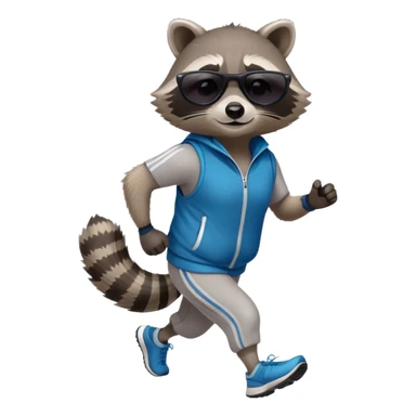 friendly anthropomorphised raccoon in sports wear, wearing dark sunglasses, jogging upright in relaxed pose sticker
